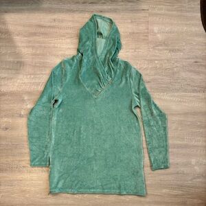 Soft Surroundings Green Stretch Velour Hoodie Women’s Medium Asymmetrical Zip